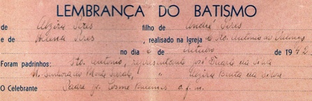 1942: Detalhe da Certidão de Batismo, com os alternativos nomes dos santos padrinhos